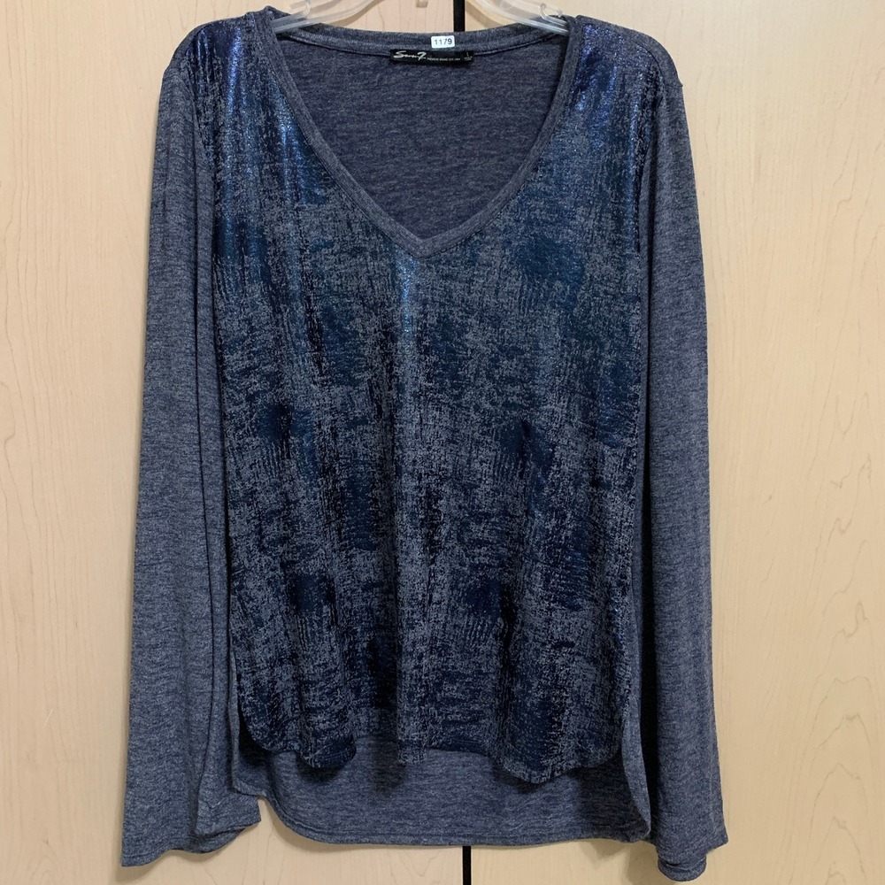 Seven7 Women's Blue Metallic Long Sleeve V-Neck Knit Top Size L